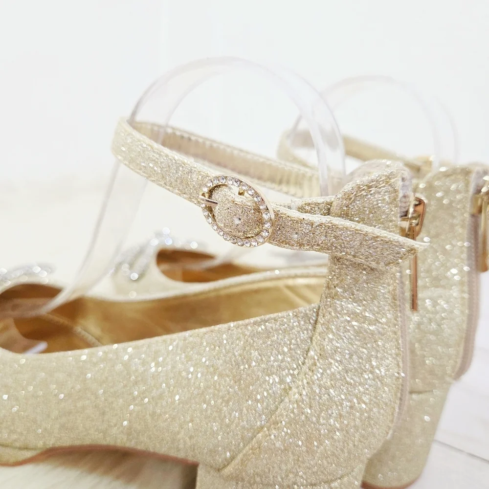 Nina Daylin Gold Glitter Girls Dress Shoes Metallic Rhinestone Bow Heels Size 6